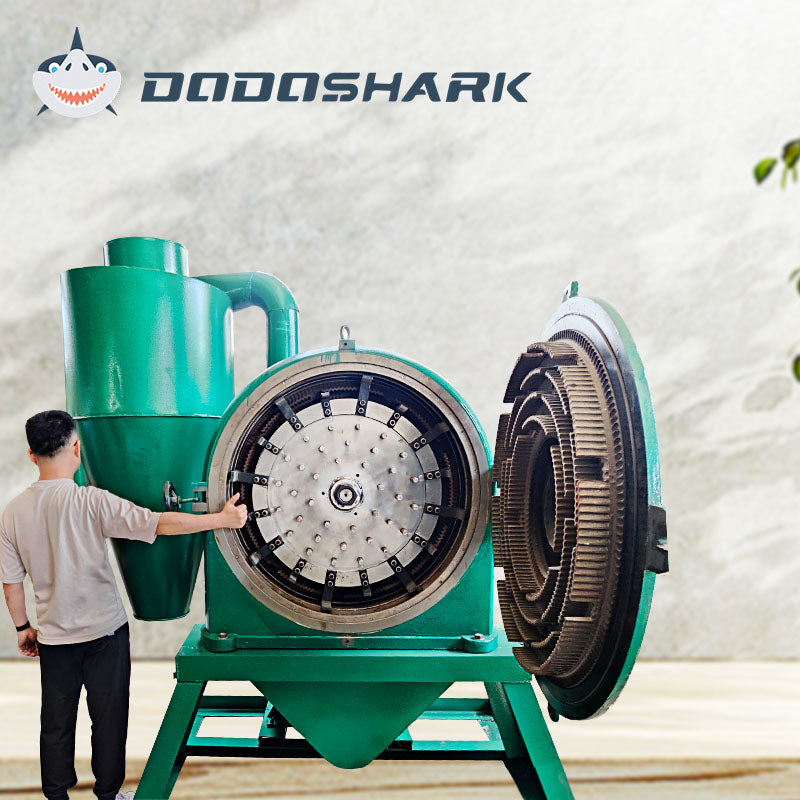 Internal view of Dodoshark stainless steel tooth disc grinder showing disc blades and powder collection system