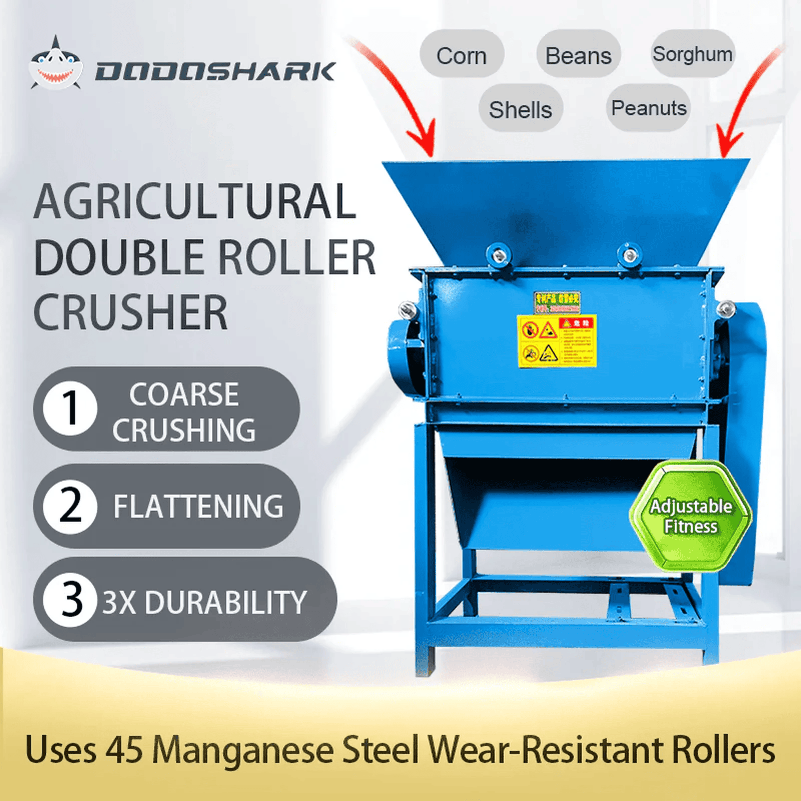 Dodoshark Commercial Double Roller Crusher | Grain Cracker for Corn, Peanuts, Sorghum, Soybeans (Farming & Food Processing) -